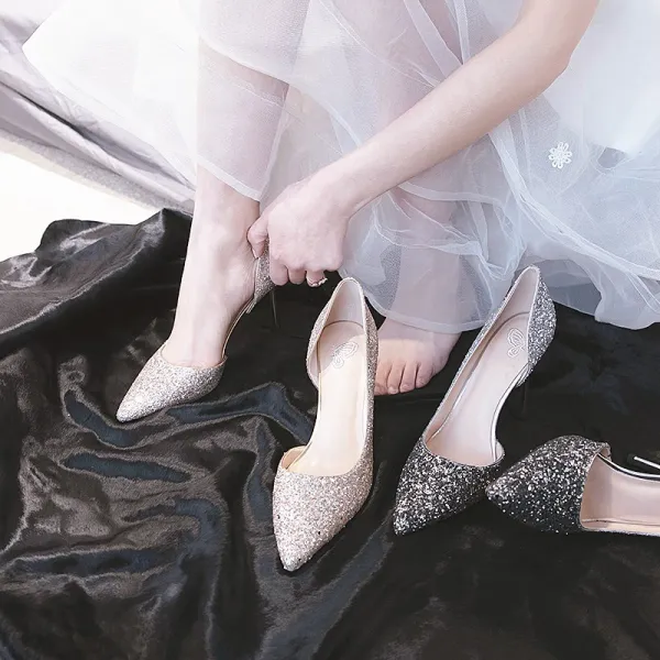 Charming Silver Wedding Shoes 2019 Sequins 7 cm Stiletto Heels Pointed Toe Wedding High Heels