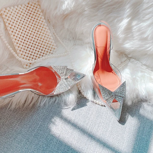Seksowne Srebrny Wieczorowe Rhinestone Motyl Sandały Damskie 2021 Skórzany Slingback 10 cm Szpilki Szpiczaste Sandały Wysokie Obcasy
