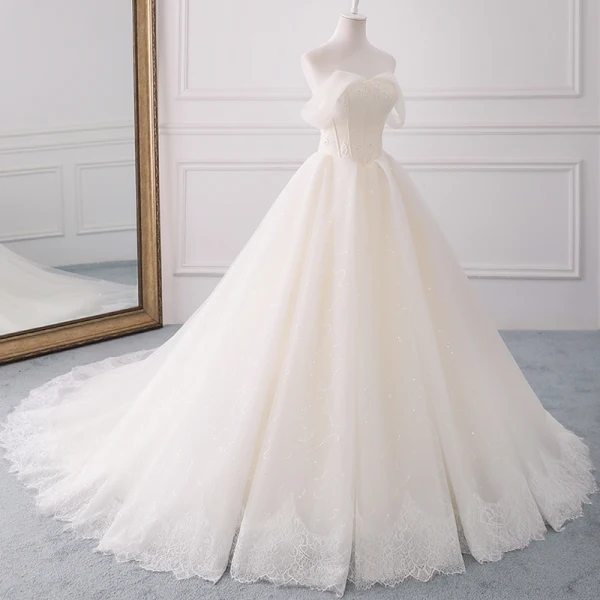 Schöne Champagner Brautkleider 2018 Ballkleid Perlenstickerei Pailletten Mit Spitze Off Shoulder Rückenfreies Ärmellos Königliche Schleppe Hochzeit