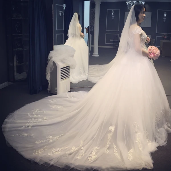 Elegant Champagne Wedding Dresses 2018 Ball Gown Lace Appliques Beading Pearl Off-The-Shoulder Backless Short Sleeve Cathedral Train Wedding