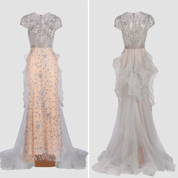 Haut de Gamme Champagne Gris Robe De Soirée 2020 Trompette / Sirène Encolure Dégagée Fait main Perlage Cristal Faux Diamant Manches Courtes Train De Balayage Robe De Ceremonie