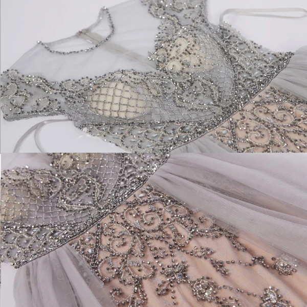 High-end Champagne Grey Evening Dresses 2020 A-Line / Princess Scoop Neck Handmade Beading Crystal Rhinestone Short Sleeve Floor-Length / Long Formal Dresses