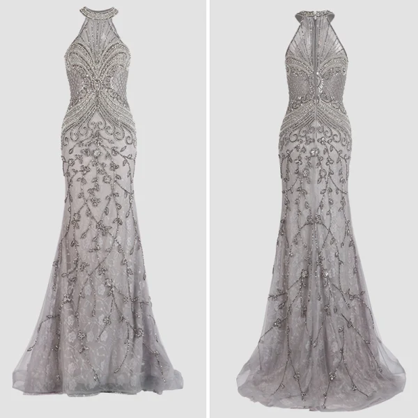 Luxury / Gorgeous Grey Evening Dresses  2020 Trumpet / Mermaid Scoop Neck Handmade  Beading Crystal Rhinestone Pearl Sleeveless Sweep Train Formal Dresses