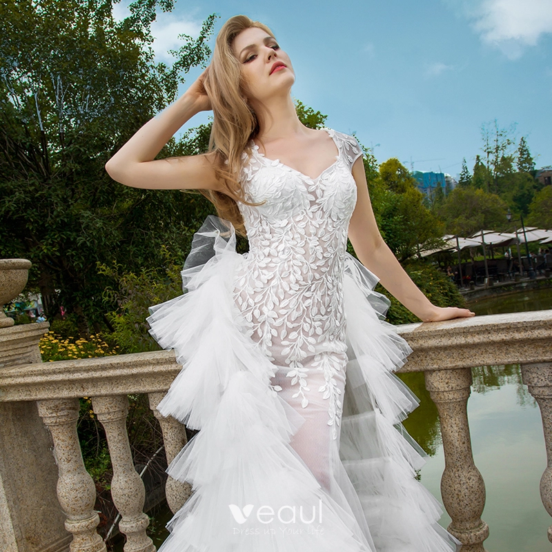 Ruffles See Through Lace V-Neck Sexy Cap Sleeve Wedding Dress Ruffles See Through Lace V-Neck Sexy Cap Sleeve Wedding Dress