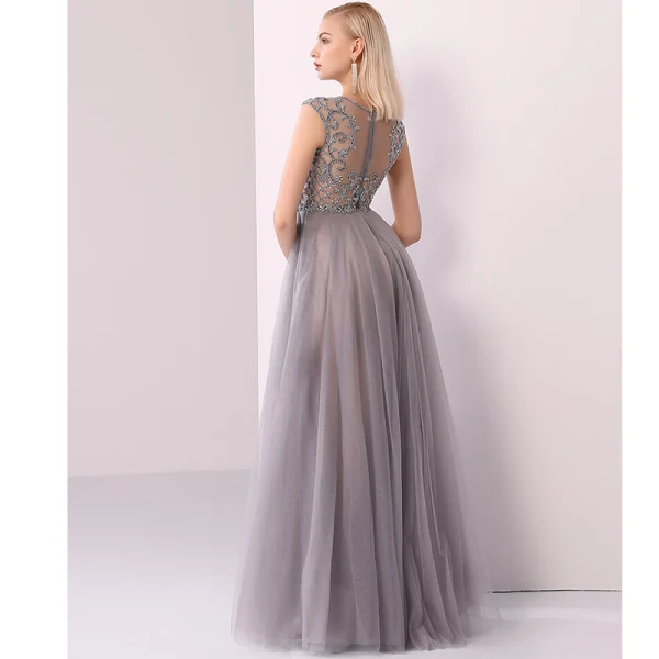 Luxury / Gorgeous Champagne Grey Handmade  Beading Evening Dresses  2020 A-Line / Princess Scoop Neck Crystal Pearl Rhinestone Sleeveless Floor-Length / Long Formal Dresses