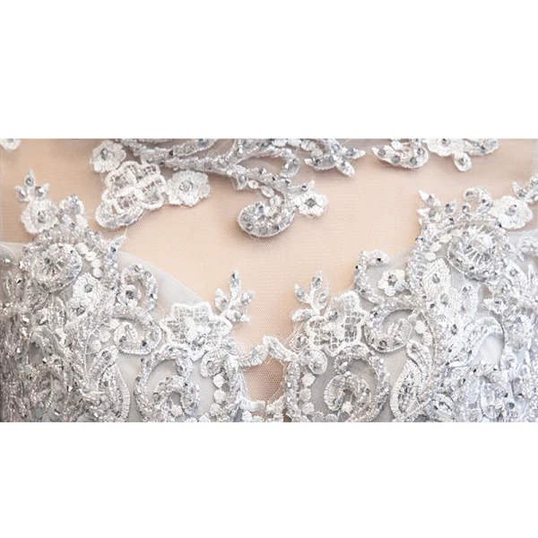 Elegant Grey Evening Dresses 2019 A-Line / Princess High Neck Beading Crystal Lace Flower 1/2 Sleeves Backless Floor-Length / Long Formal Dresses