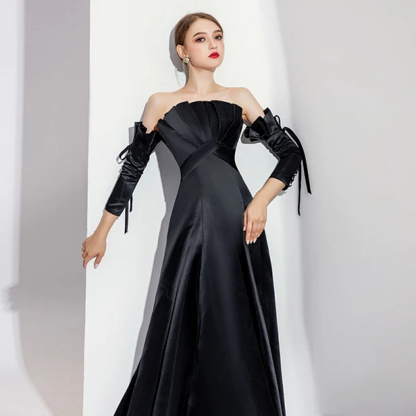Elegant Black Evening Dresses 2020 A-Line / Princess Off-The-Shoulder Bow 3/4 Sleeve Backless Floor-Length / Long Formal Dresses