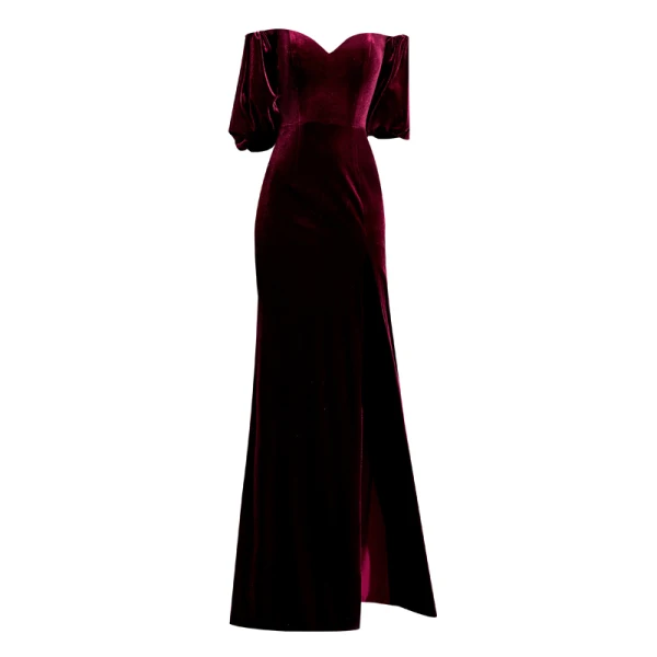 Elegant Burgundy Evening Dresses  2020 Trumpet / Mermaid Suede Off-The-Shoulder Short Sleeve Split Front Floor-Length / Long Formal Dresses