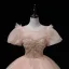 Elegante Blozen Roze Kralen Parel Pailletten Galajurken 2022 Baljurk Ronde Hals Gezwollen Korte Mouwen Ruglooze Lange Gelegenheid Jurken