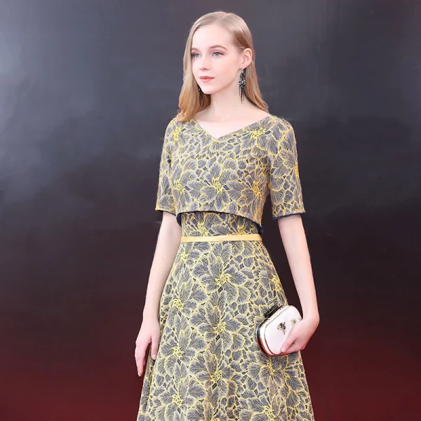 Chic / Belle 2 Pièces Robe De Soirée 2018 Princesse Ceinture Dentelle Encolure Dégagée Dos Nu Manches Courtes Longue Robe De Ceremonie