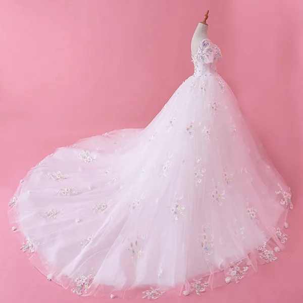 Chic / Beautiful White Wedding Dresses 2018 Ball Gown Multi-Colors Appliques Pearl Off-The-Shoulder Backless Sleeveless Cathedral Train Wedding