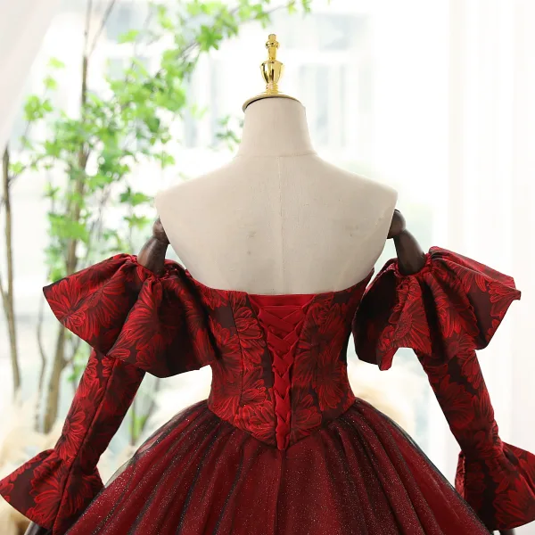 Charming Burgundy Glitter Prom Dresses 2023 Ball Gown Strapless Bell sleeves Backless Floor-Length / Long Prom Formal Dresses