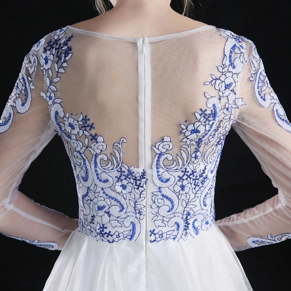 Chinese style Asymmetrical Evening Dresses 2017 A-Line / Princess Scoop Neck Long Sleeve Embroidered Flower White Organza Detachable Formal Dresses