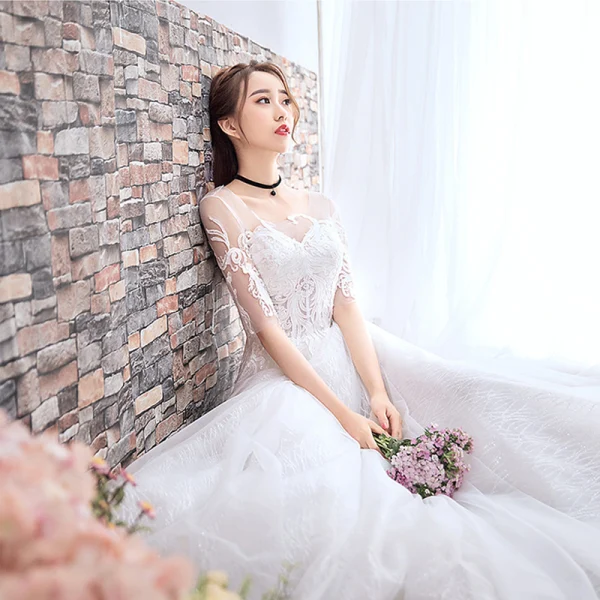 Chic / Beautiful White Wedding Dresses 2018 A-Line / Princess Appliques Lace Scoop Neck Backless 1/2 Sleeves Court Train Wedding