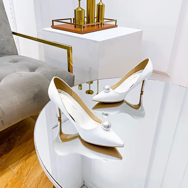 Élégant Ivoire Soie Satin Perle Chaussure De Mariée 2021 8 cm Talons Aiguilles À Bout Pointu Mariage Escarpins Talons Hauts