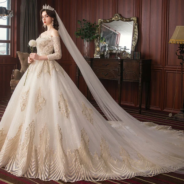 Charming Champagne Wedding Dresses 2020 A-Line / Princess Off-The-Shoulder Beading Sequins Lace Pearl 3/4 Sleeve Backless Cathedral Train