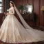Charming Champagne Wedding Dresses 2020 A-Line / Princess Off-The-Shoulder Beading Sequins Lace Pearl 3/4 Sleeve Backless Cathedral Train