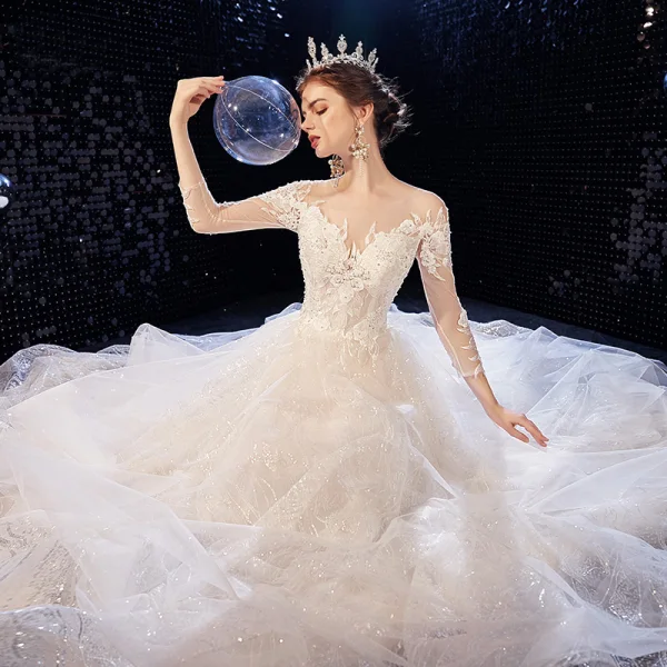 Charming Champagne Wedding Dresses 2020 A-Line / Princess Scoop Neck Beading Sequins Lace Flower 3/4 Sleeve Backless Court Train