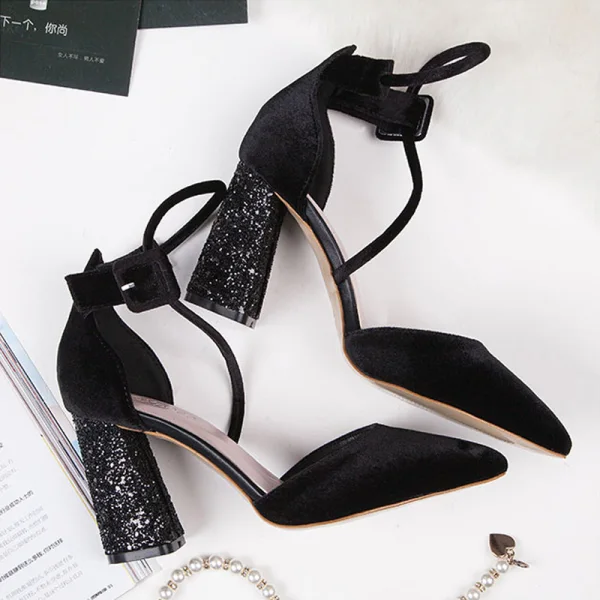 Charmant Bordeaux Soirée Sandales Femme 2019 Paillettes Daim Bride Cheville 8 cm Talons Épais À Bout Pointu Sandales