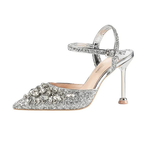 Glittrande Silver Afton Damskor 2019 Ankelband Rhinestone Paljetter 9 cm Stilettklackar Spetsiga Högklackade