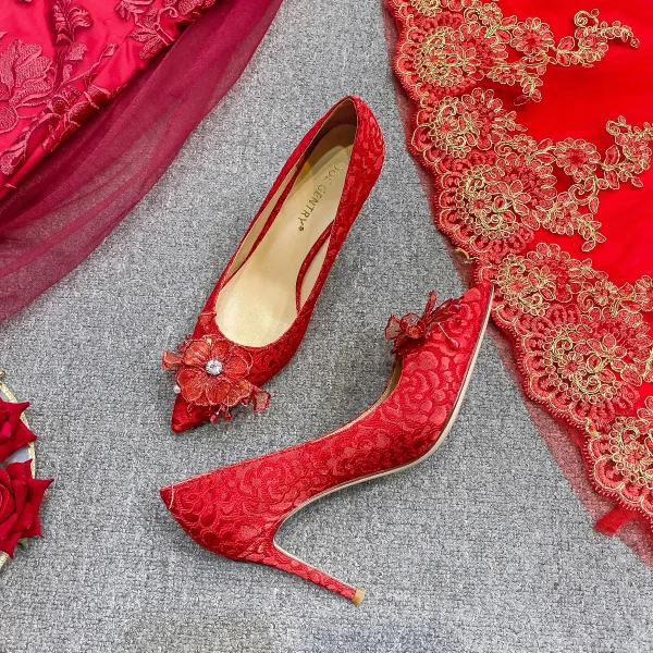 Chinese style Red Lace Flower Wedding Shoes 2021 Leather Rhinestone 9 cm Stiletto Heels Pointed Toe Wedding Pumps High Heels