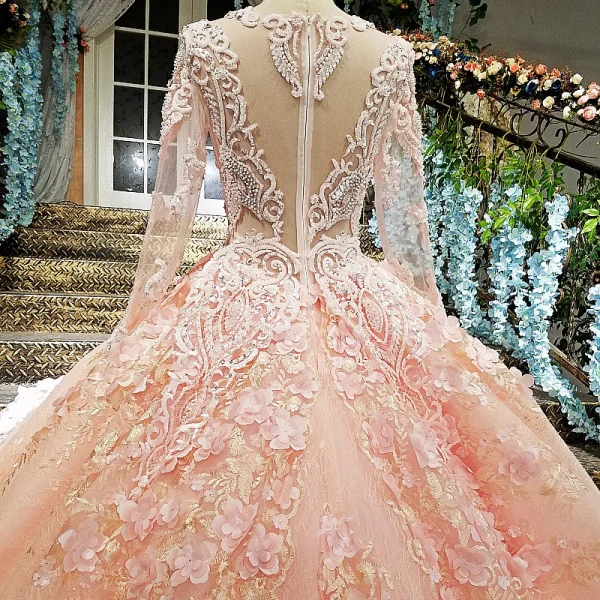 Lyx Pärla Rosa Bröllopsklänningar 2018 Balklänning Spets Blomma Appliqués Beading Rhinestone Urringning Långärmad Cathedral Train Bröllop