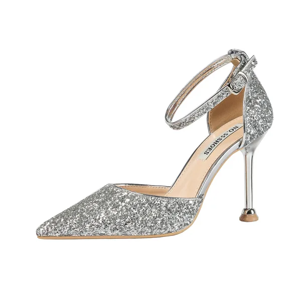 Charming Rose Gold Evening Party Womens Shoes 2020 Ankle Strap Sequins 9 cm Stiletto Heels Pointed Toe High Heels