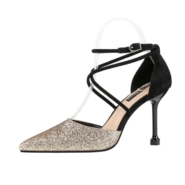 Chic / Beautiful Silver Prom Womens Shoes 2020 Sequins X-Strap 9 cm Stiletto Heels Pointed Toe High Heels