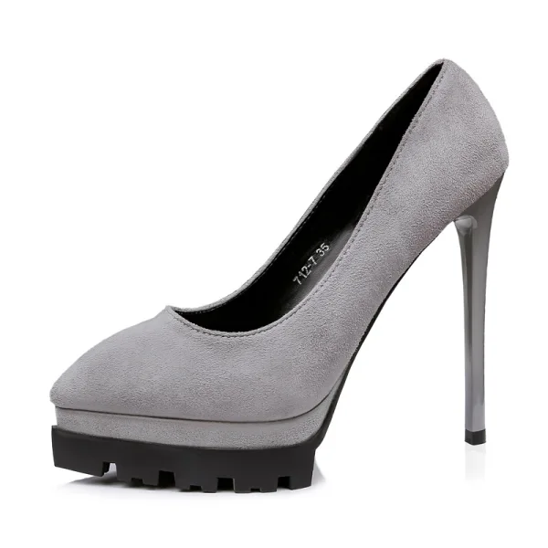Stilig Kaki Kontors Pumps 2019 Mocka 12 cm Stilettklackar Spetsiga Pumps