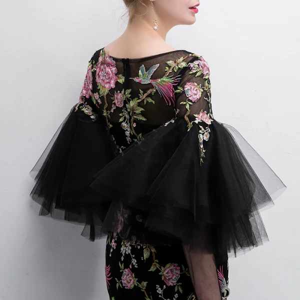 Chic / Beautiful Black Evening Dresses 2018 Trumpet / Mermaid Printing Scoop Neck 3/4 Sleeve Floor-Length / Long Formal Dresses