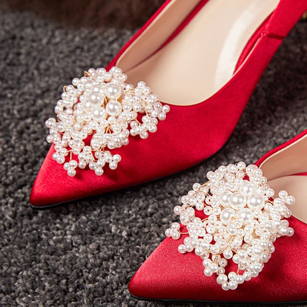 Elegancka Czerwone Buty Ślubne 2020 Satyna Perła 6 cm Szpilki Szpiczaste Ślub Czółenka