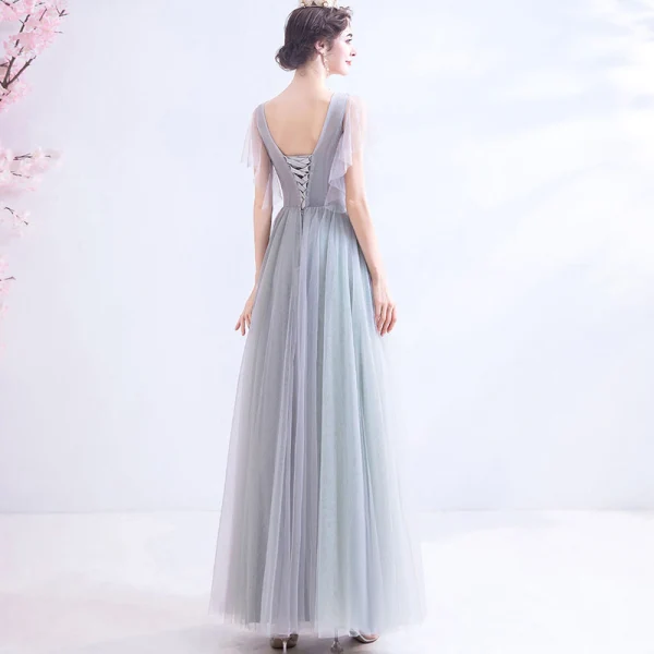 Elegant Grey Evening Dresses  2020 A-Line / Princess V-Neck Pearl Rhinestone Lace Flower Short Sleeve Backless Floor-Length / Long Formal Dresses