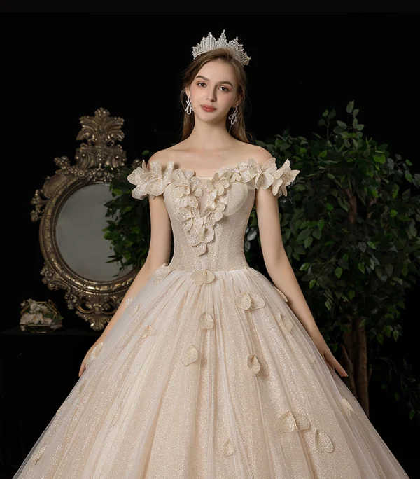 Luxury / Gorgeous Champagne Wedding Dresses 2020 A-Line / Princess Off-The-Shoulder Appliques Pearl Sequins Sleeveless Backless Floor-Length / Long