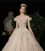 Luxury / Gorgeous Champagne Wedding Dresses 2020 A-Line / Princess Off-The-Shoulder Appliques Pearl Sequins Sleeveless Backless Floor-Length / Long
