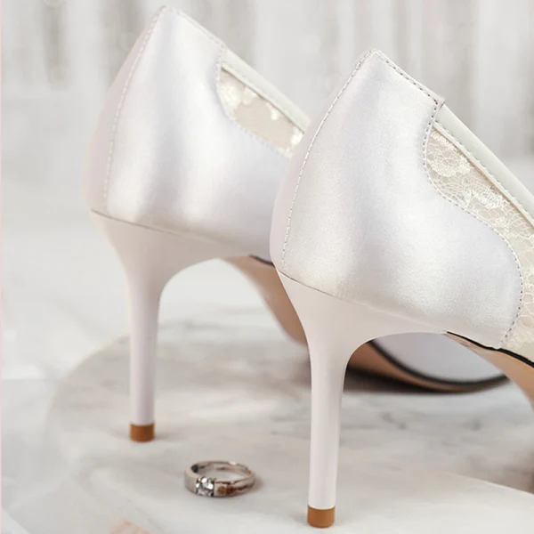 Proste / Simple Czerwone Buty Ślubne 2020 Koronkowe Satyna 7 cm Szpilki Szpiczaste Ślub Czółenka