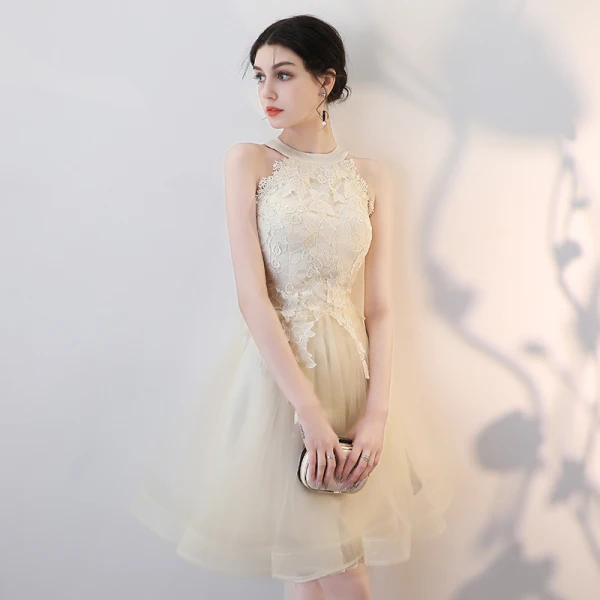 Chic / Beautiful Champagne Homecoming Graduation Dresses 2018 Ball Gown  Appliques Lace Scoop Neck Strapless Sleeveless Short