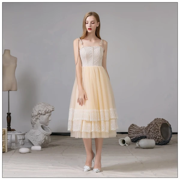 Fashion Champagne Homecoming Graduation Dresses 2020 A-Line / Princess Spaghetti Straps Lace Sleeveless Backless Tea-length Formal Dresses