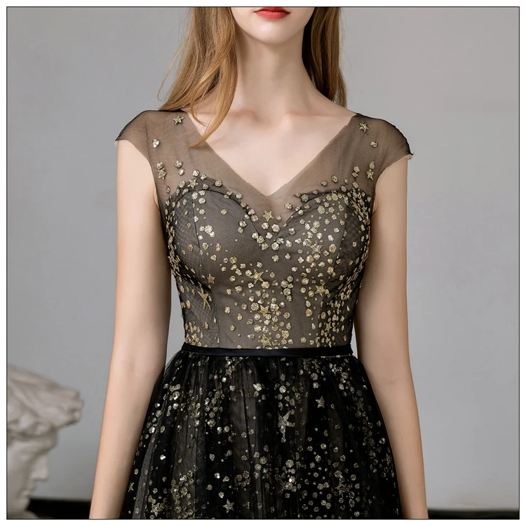 Fabulous Black Gold Evening Dresses 2020 A Line Princess V Neck Sleeveless  Star Lace Sequins Floor Length Long Evening Party Formal Dresses