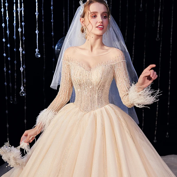 Luxury / Gorgeous Champagne Wedding Dresses 2020 Ball Gown Scoop Neck Beading Crystal Glitter Sequins Long Sleeve Backless Royal Train