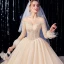 Luxury / Gorgeous Champagne Wedding Dresses 2020 Ball Gown Scoop Neck Beading Crystal Glitter Sequins Long Sleeve Backless Royal Train