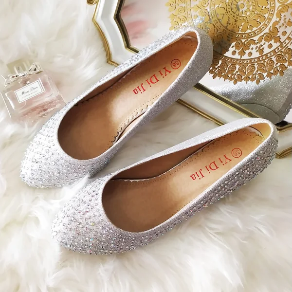 Mooie / Prachtige Zilveren Bruidsschoenen 2020 Rhinestone 3 cm Lage Hak Spitse Neus Huwelijk Pumps