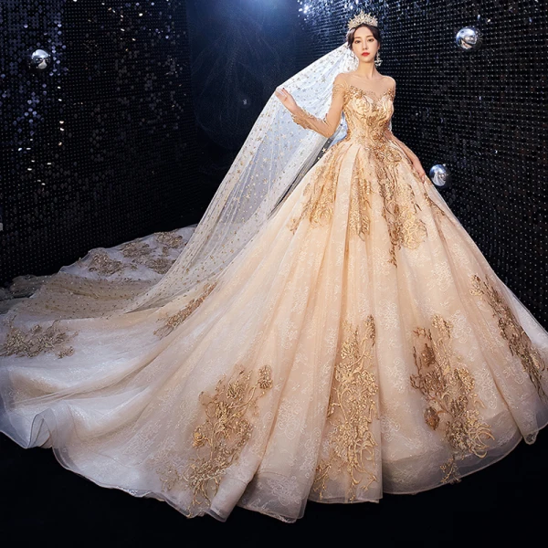 Luxury / Gorgeous Champagne Wedding Dresses 2020 Ball Gown Scoop Neck Beading Crystal Sequins Lace Flower Long Sleeve Backless Royal Train