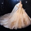 Luxury / Gorgeous Champagne Wedding Dresses 2020 Ball Gown Scoop Neck Beading Crystal Sequins Lace Flower Long Sleeve Backless Royal Train