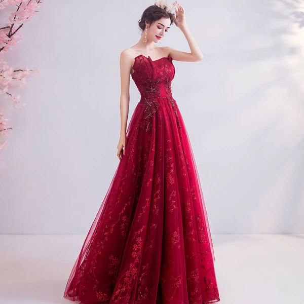 Chic / Beautiful Red Evening Dresses 2020 A-Line / Princess Strapless Beading Sequins Lace Rhinestone Sleeveless Backless Floor-Length / Long Formal Dresses