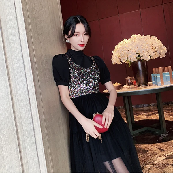 Fashion Black Party Dresses 2020 A-Line / Princess High Neck Sequins Short Sleeve Tea-length Formal Dresses