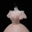 Elegante Blozen Roze Kralen Parel Pailletten Galajurken 2022 Baljurk Ronde Hals Gezwollen Korte Mouwen Ruglooze Lange Gelegenheid Jurken