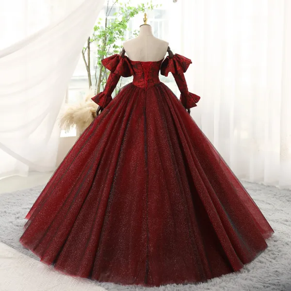 Charming Burgundy Glitter Prom Dresses 2023 Ball Gown Strapless Bell sleeves Backless Floor-Length / Long Prom Formal Dresses