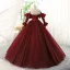 Charming Burgundy Glitter Prom Dresses 2023 Ball Gown Strapless Bell sleeves Backless Floor-Length / Long Prom Formal Dresses
