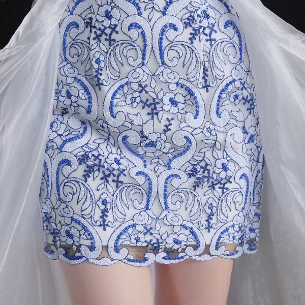 Chinese style Asymmetrical Evening Dresses 2017 A-Line / Princess Scoop Neck Long Sleeve Embroidered Flower White Organza Detachable Formal Dresses