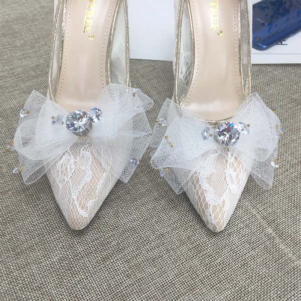 Charming Ivory Lace Wedding Shoes 2020 Bow Rhinestone 8 cm Stiletto Heels Pointed Toe Wedding Pumps